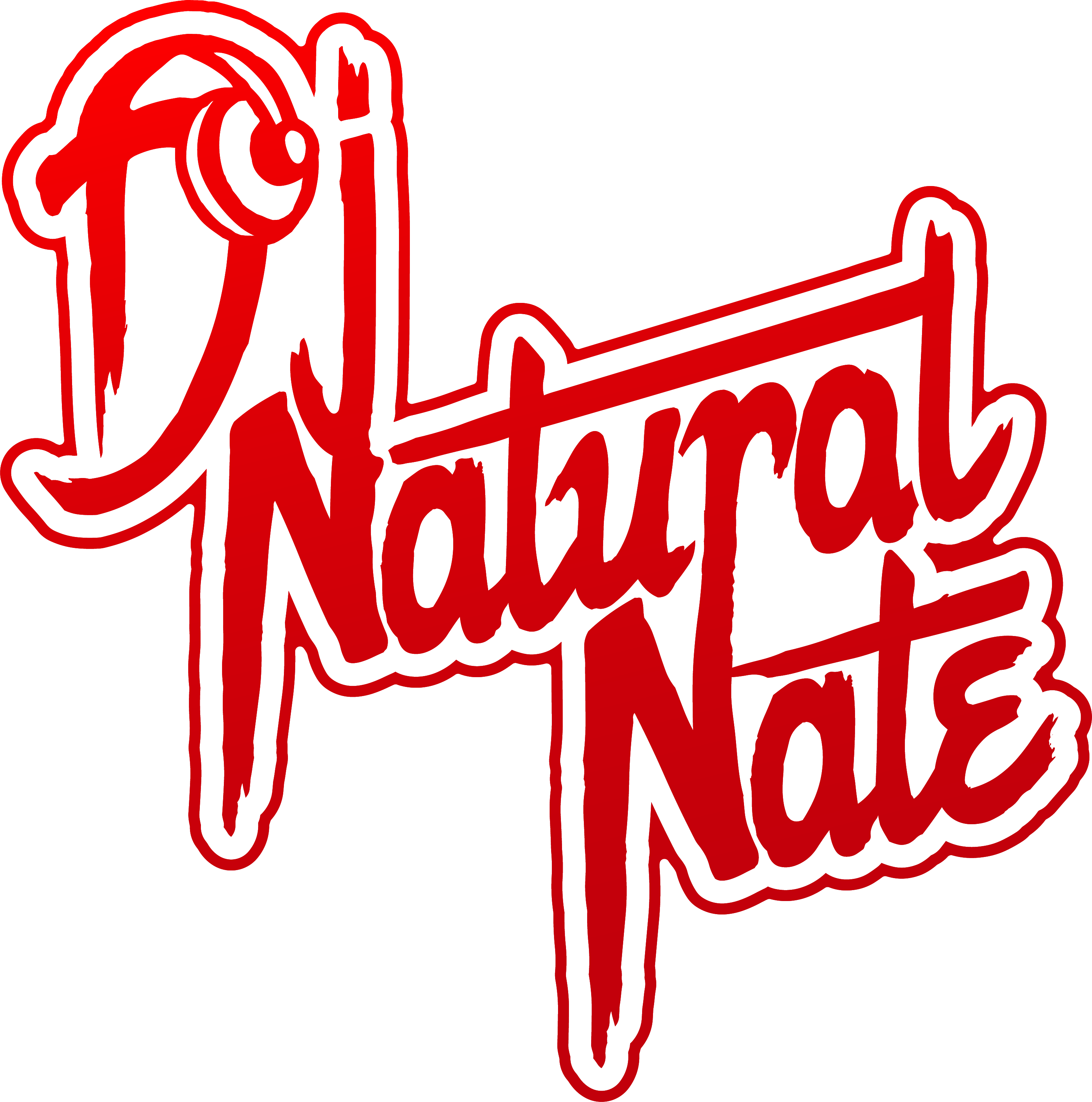 DJ Natural Nate® red drip script logo, bold red cursive lettering with drip effect on black background
